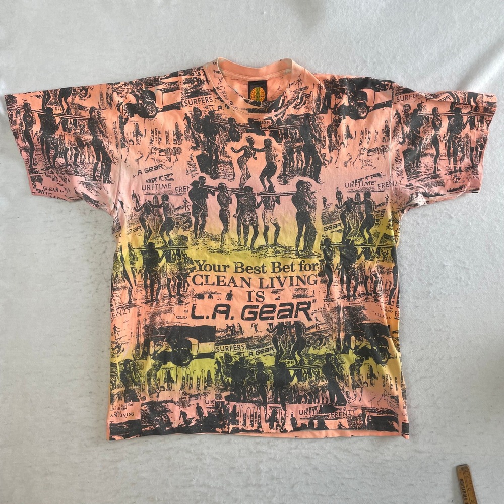 L.A. Gear T-Shirt Large Orange Vintage 90s All Over Print Surfing Made in USA